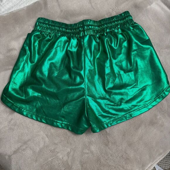 Green metallic women's shorts w front pockets & elasticized drawstring waist- S - Picture 3 of 5